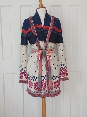 525 America Jacquard Belted Cardigan Cream Multi